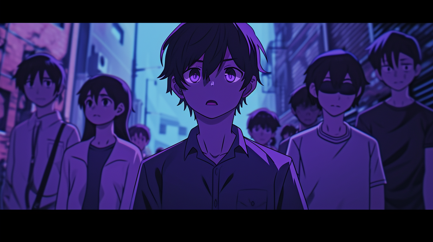 Anime boy with purple-eyed friends