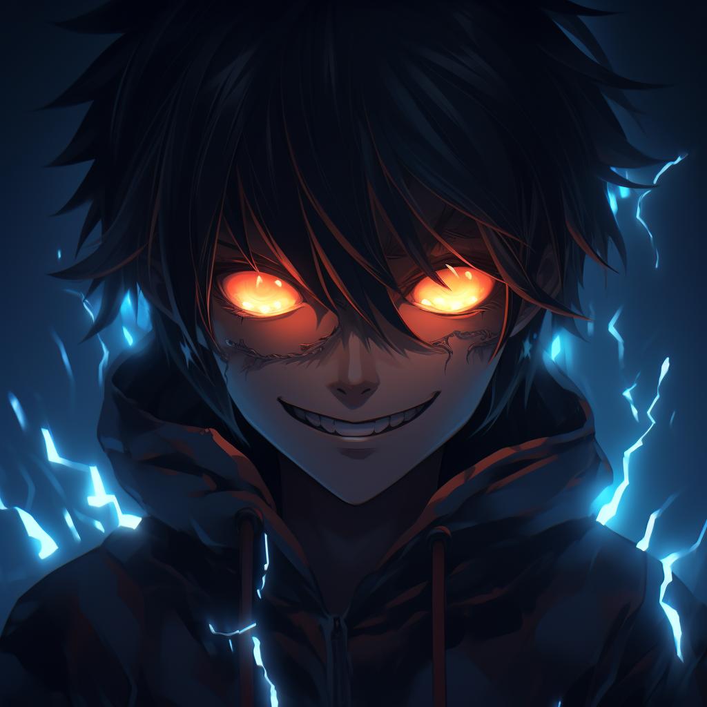 Anime character with an evil grin and glowing eyes