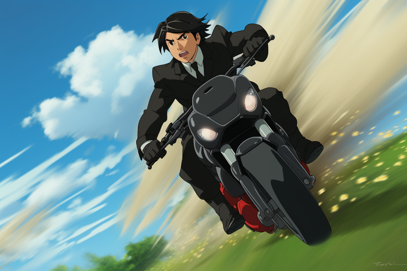 Anime character on motorcycle in black suit