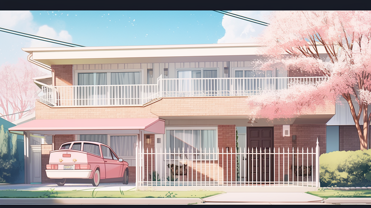 Smiling anime housewife in 50s suburban home