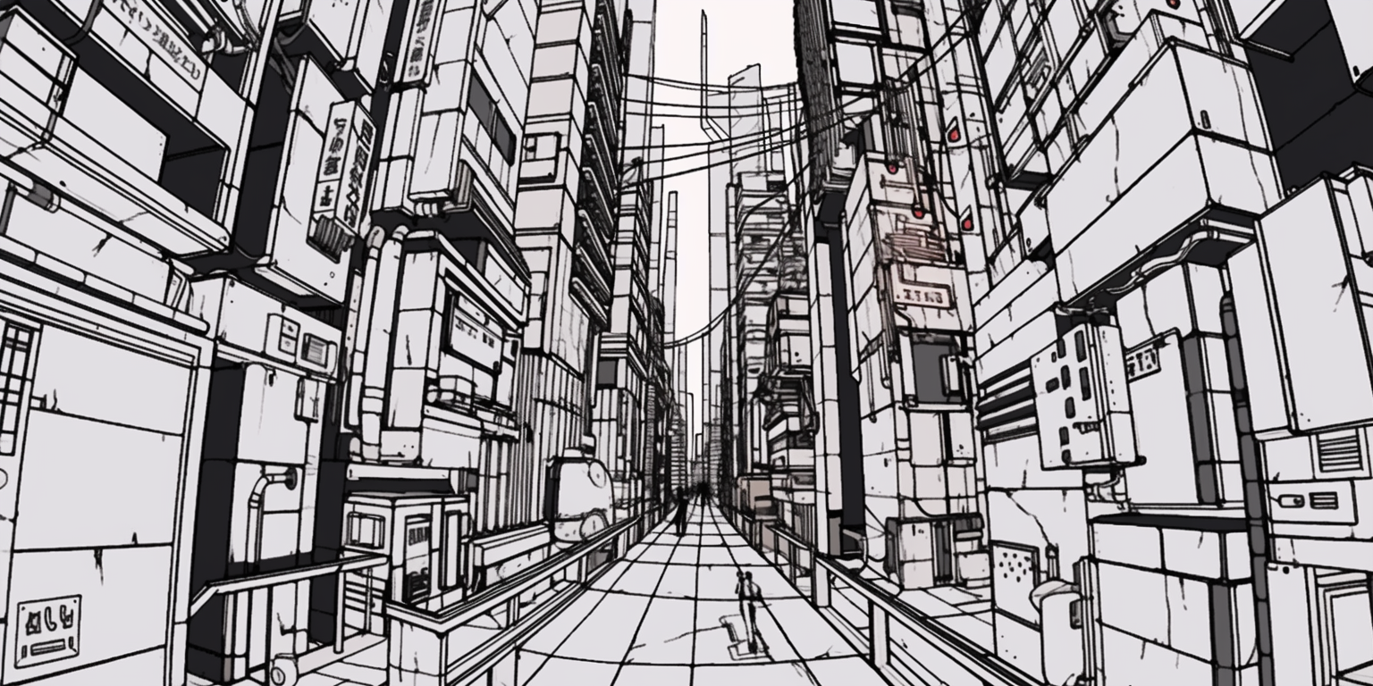 Monochrome anime cyberpunk cityscape