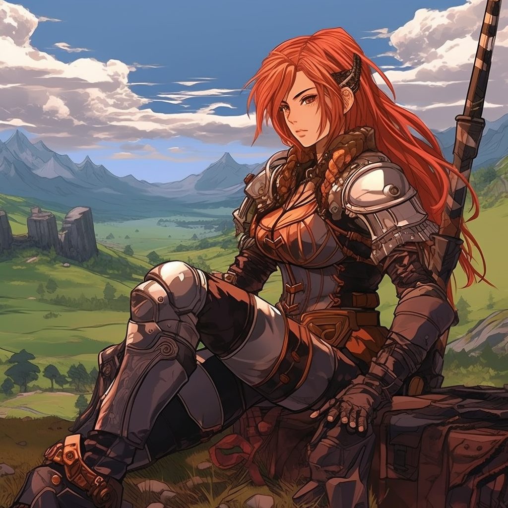 Anime Female Barbarian Relaxing in Countryside