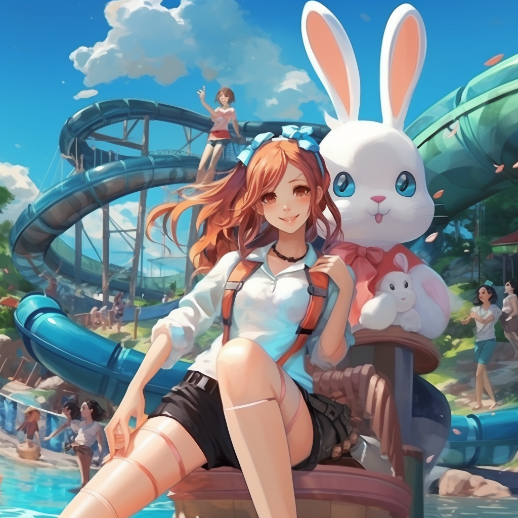 Anime girl wearing bunny outfit at water park