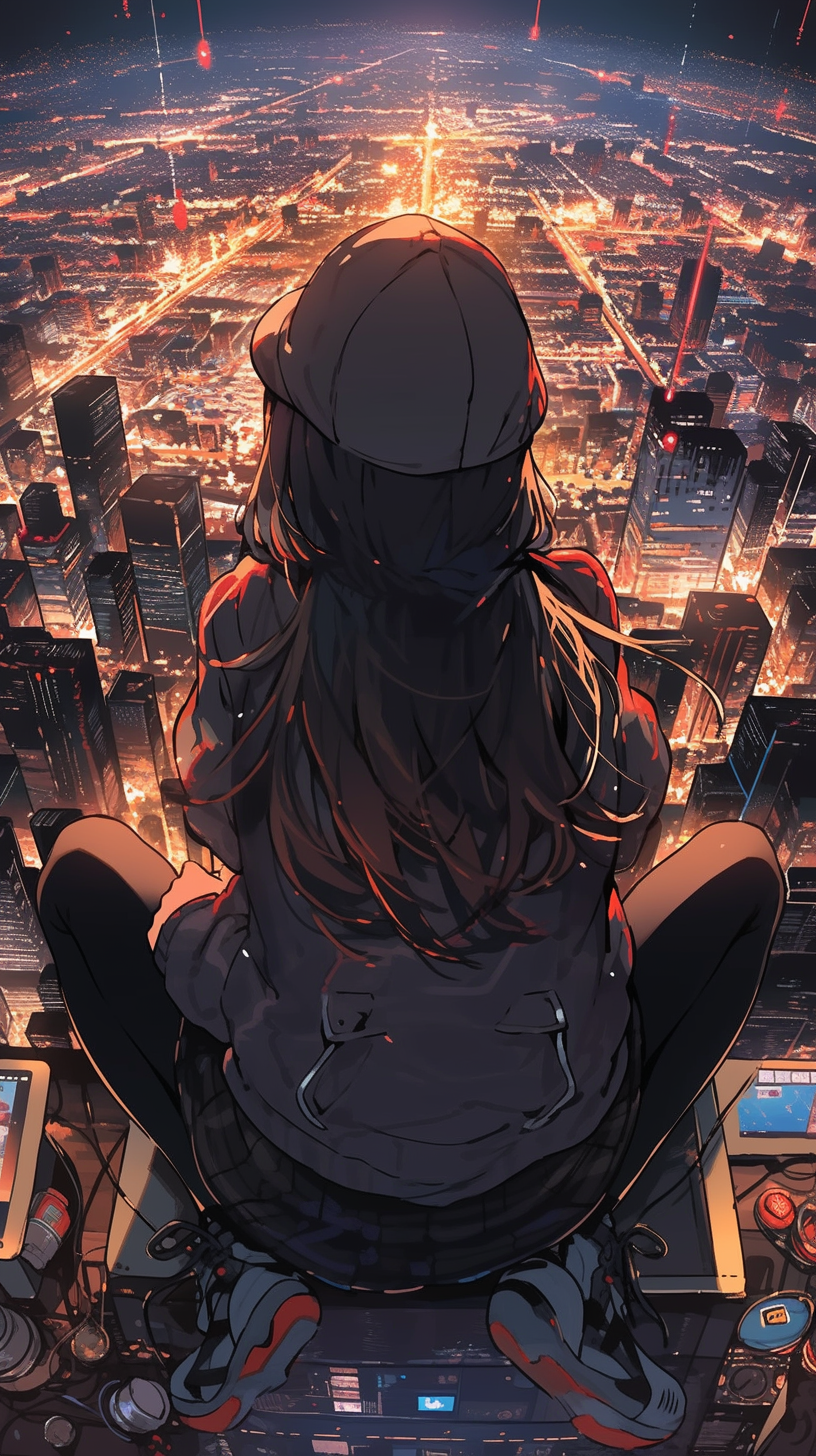 Anime girl sitting on edge, watching city sunrise