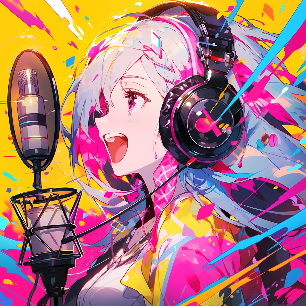 Anime girl singing into microphone with neon colors