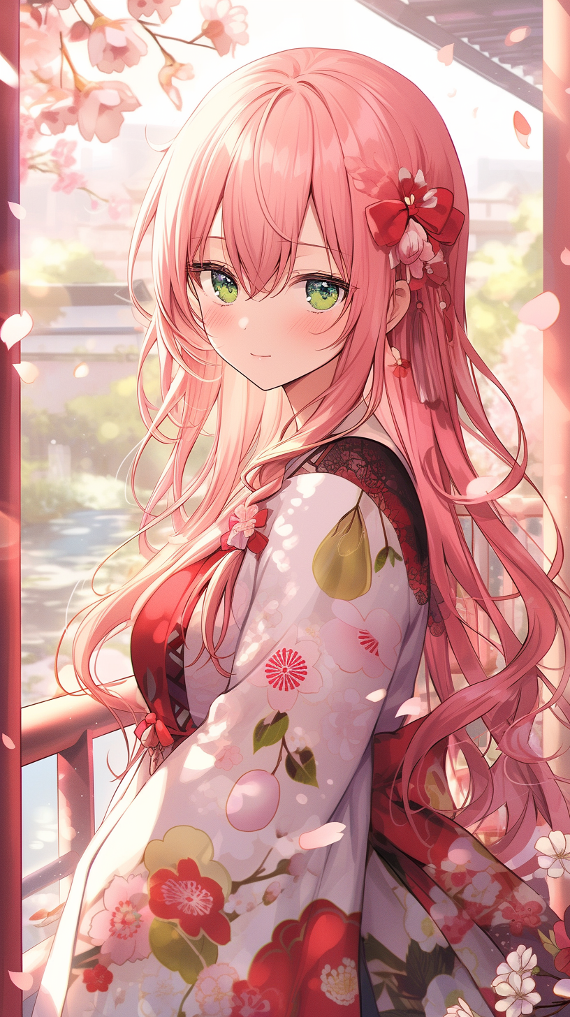 Anime girl with long pink hair in kimono