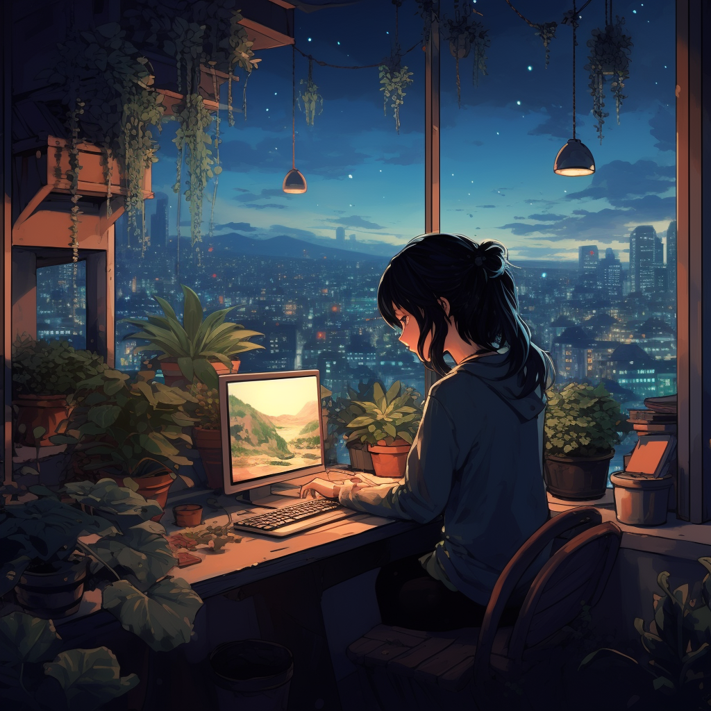 Anime girl programming with city view and plants