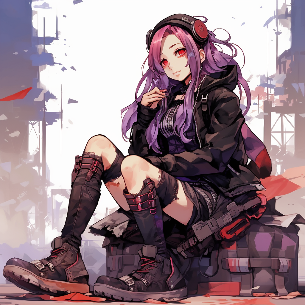 Anime girl in purple, red, and black clothing