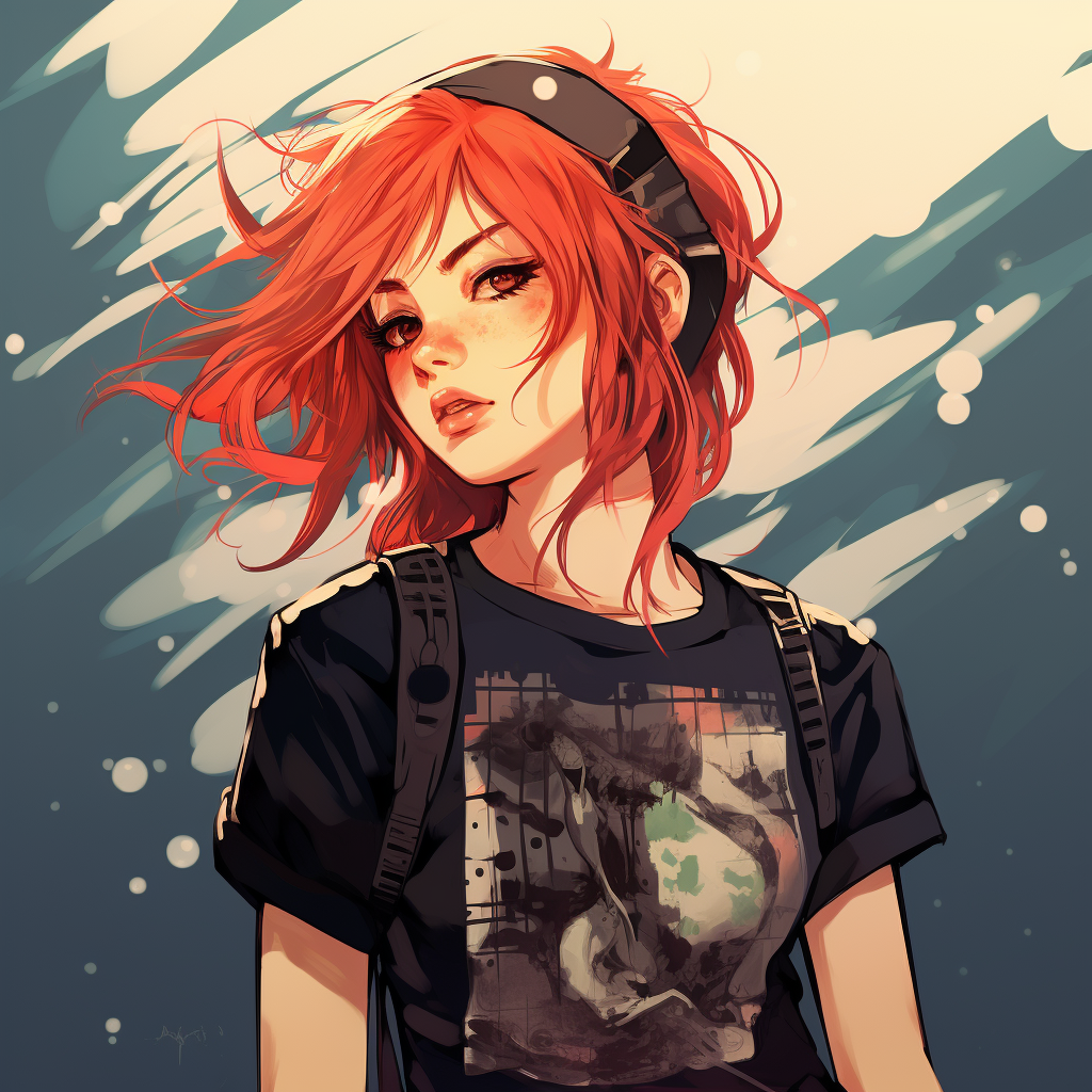 Anime girl with red hair in black band shirt