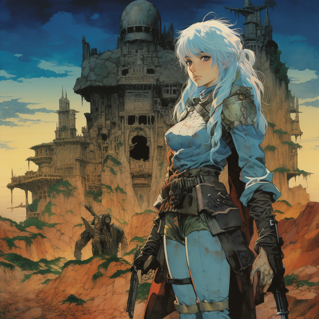 Blue-haired swordwoman in front of ruined castle