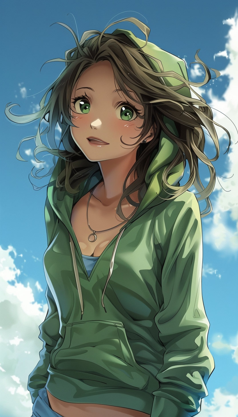 Anime Girl Smiling in Green Hoodie Blue Sky