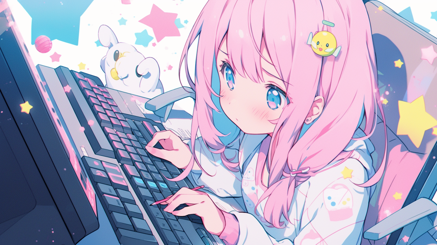 Anime girl typing on a keyboard