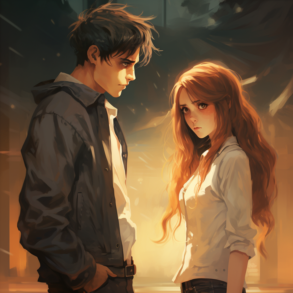 Anime guy and angry girl thinking together