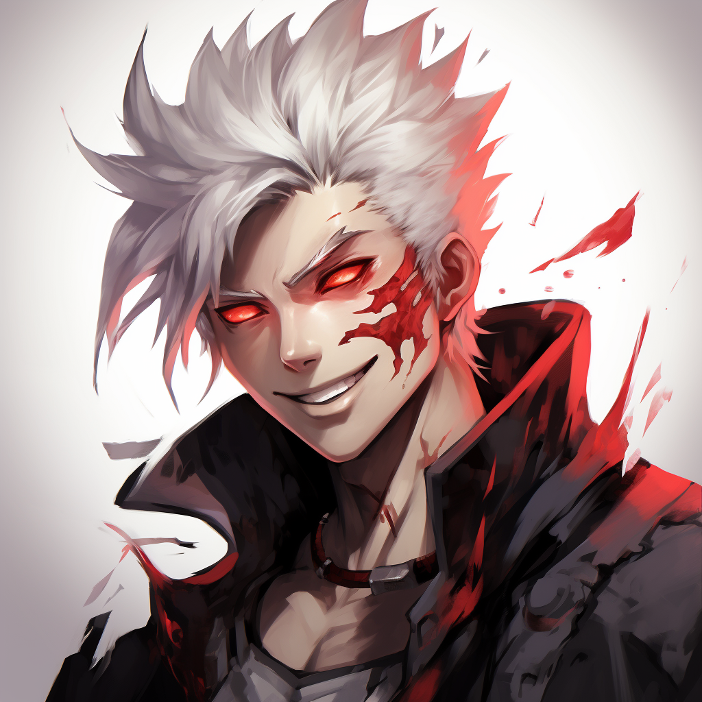 Smiling Anime Guy with White Hair and Red Eyes