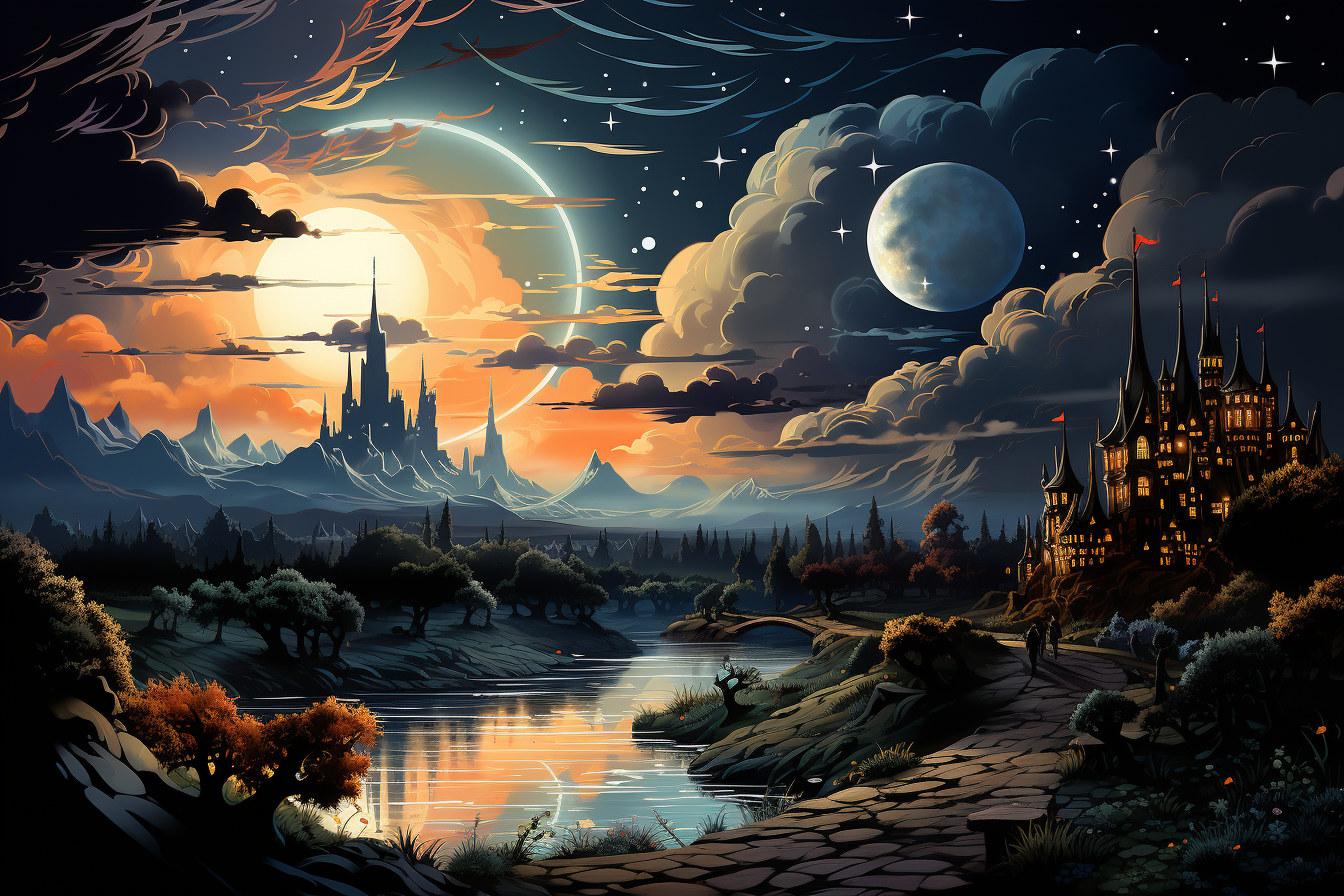 Vibrant anime landscape with starry night and village