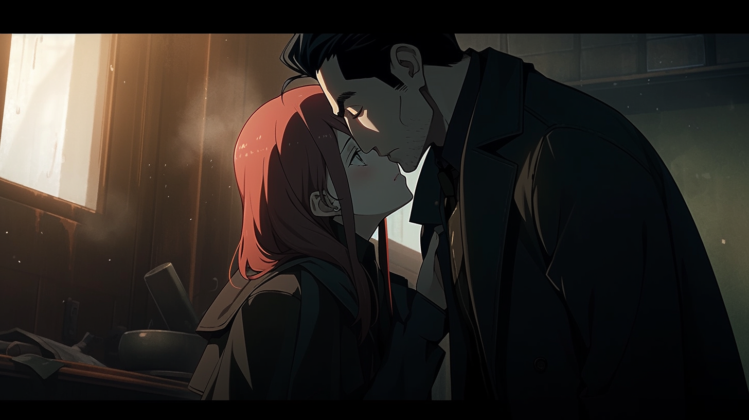 Anime Man Woman Kissing in Noir Atmosphere