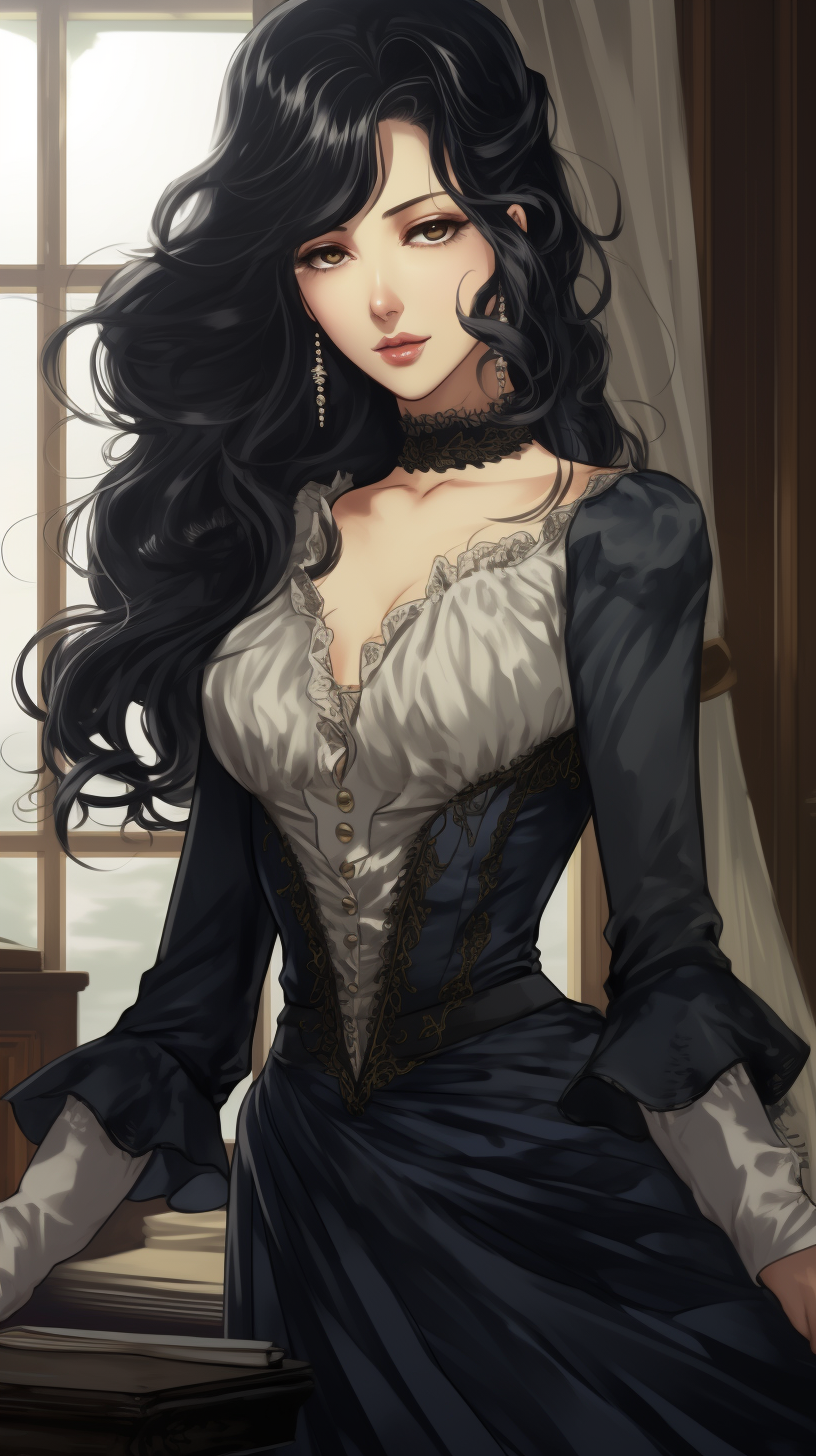 Young governess with black hair in webtoon style