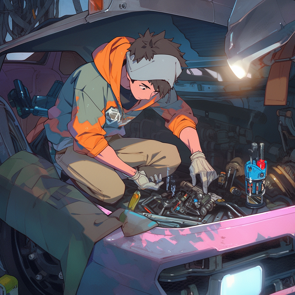 Anime mechanic repairing futuristic car bottom