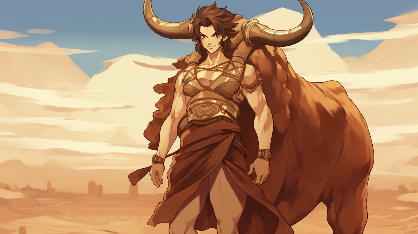 Anime depiction of a Minotaur in desert