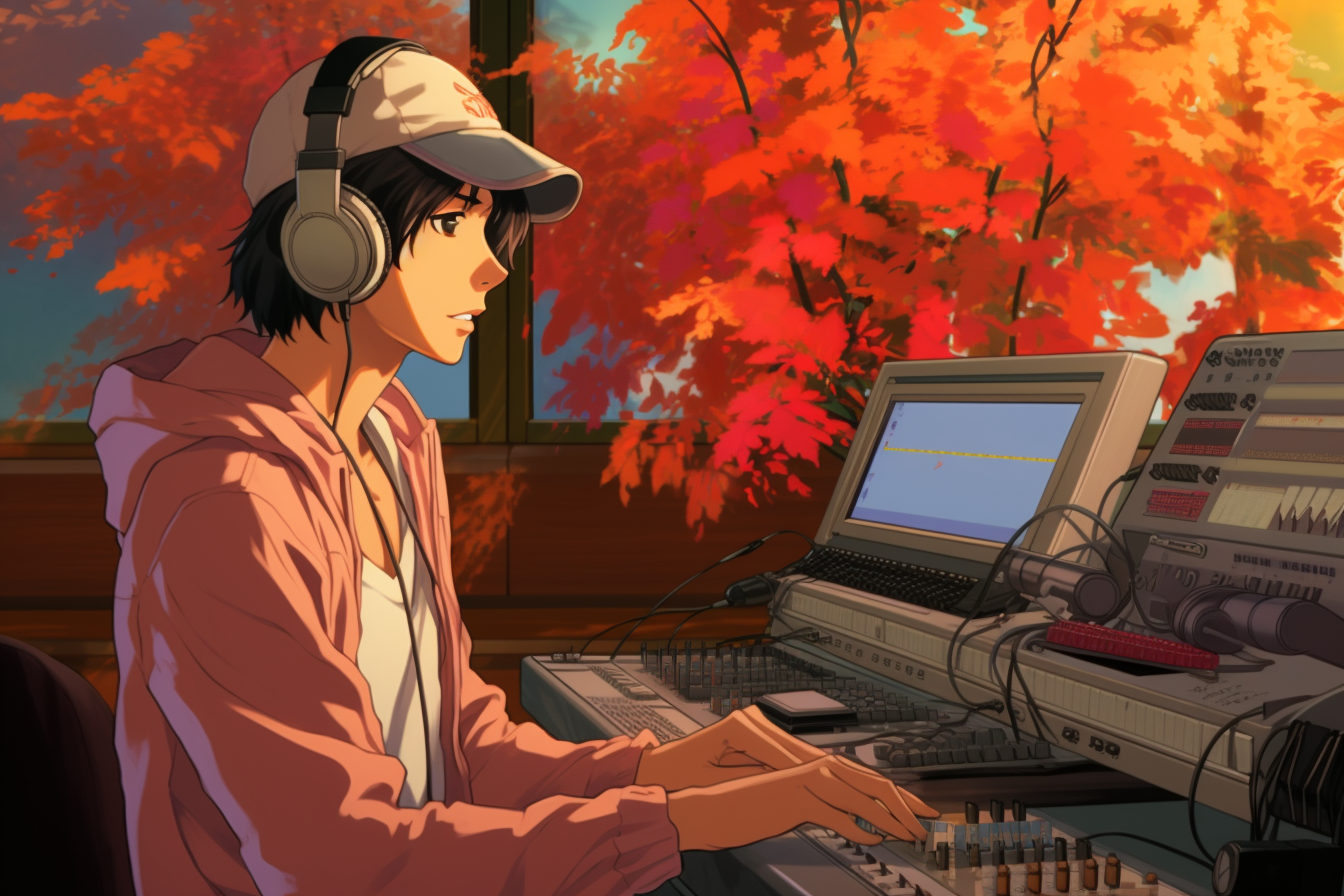 Anime music producer with trucker hat creating beats