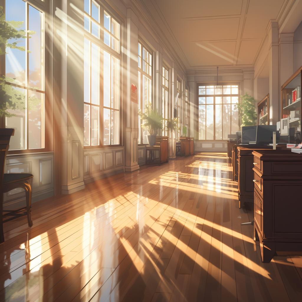 Anime Office Hallway Sunlight Streaming Windows