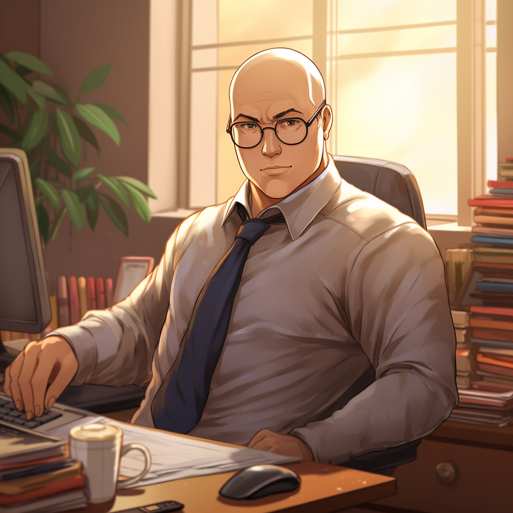 Anime office worker: bald, glasses, fat