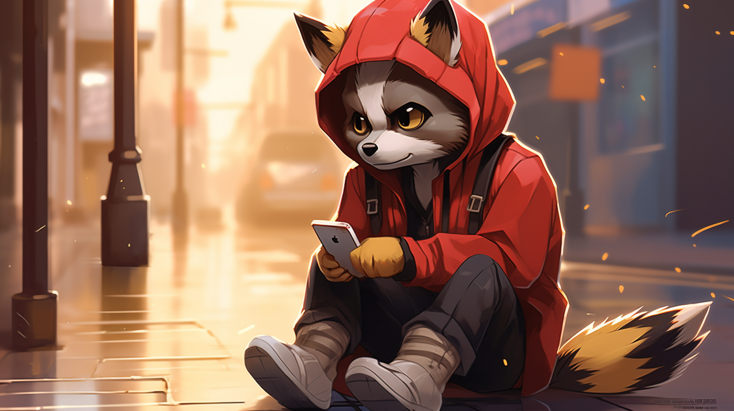 Anime raccoon wearing red hoodie and browsing