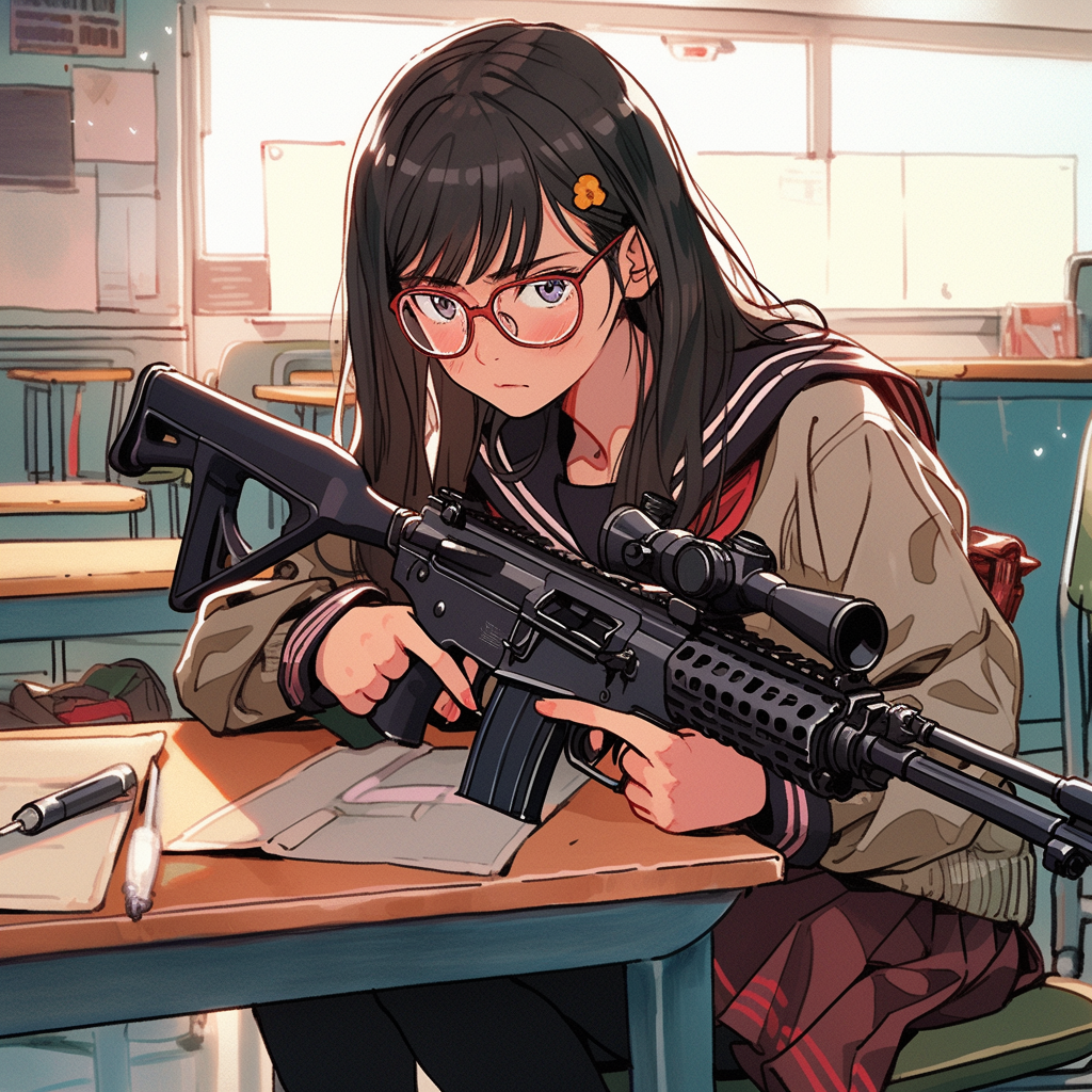 Anime school girl with sniper rifle