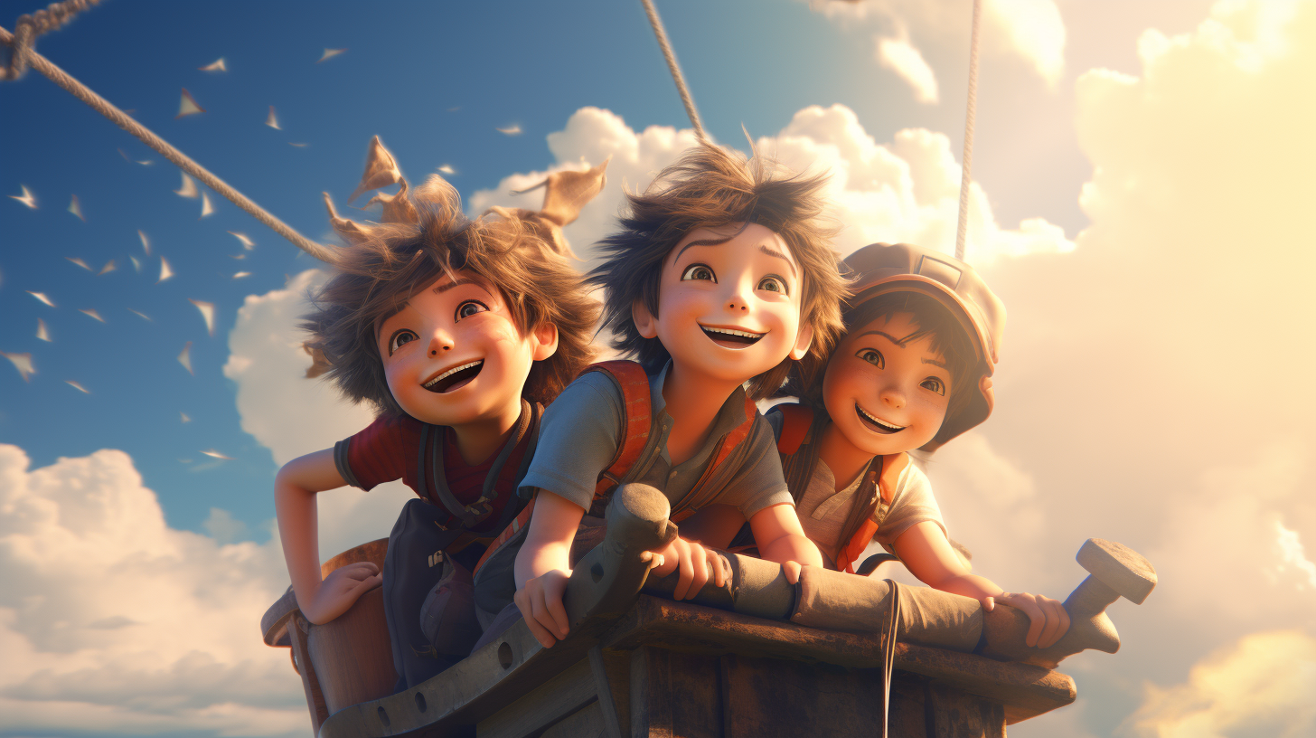 Smiling boys holding ship rudder outdoors