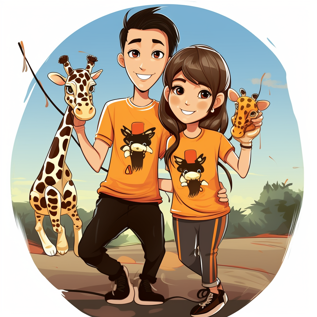 Happy Uzbek and Azerbaijani anime-style couple with giraffe