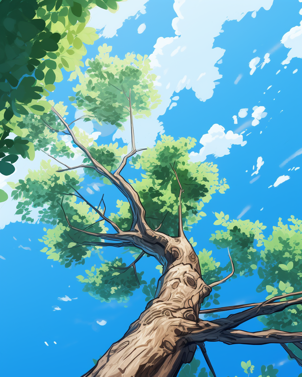 Anime tree branch with leaves against blue sky