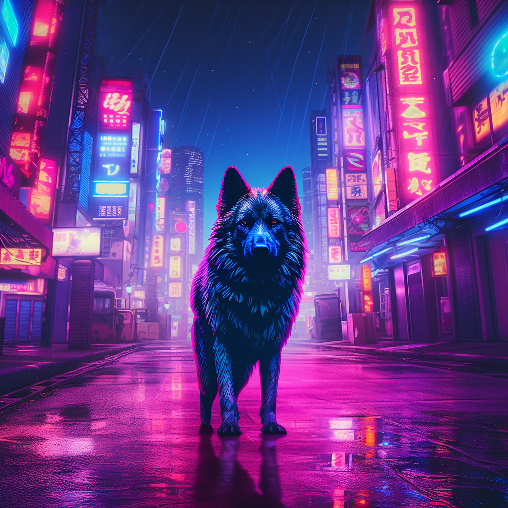 Stylish German Shepherd Dog Walking in Anime Vaporwave Scene