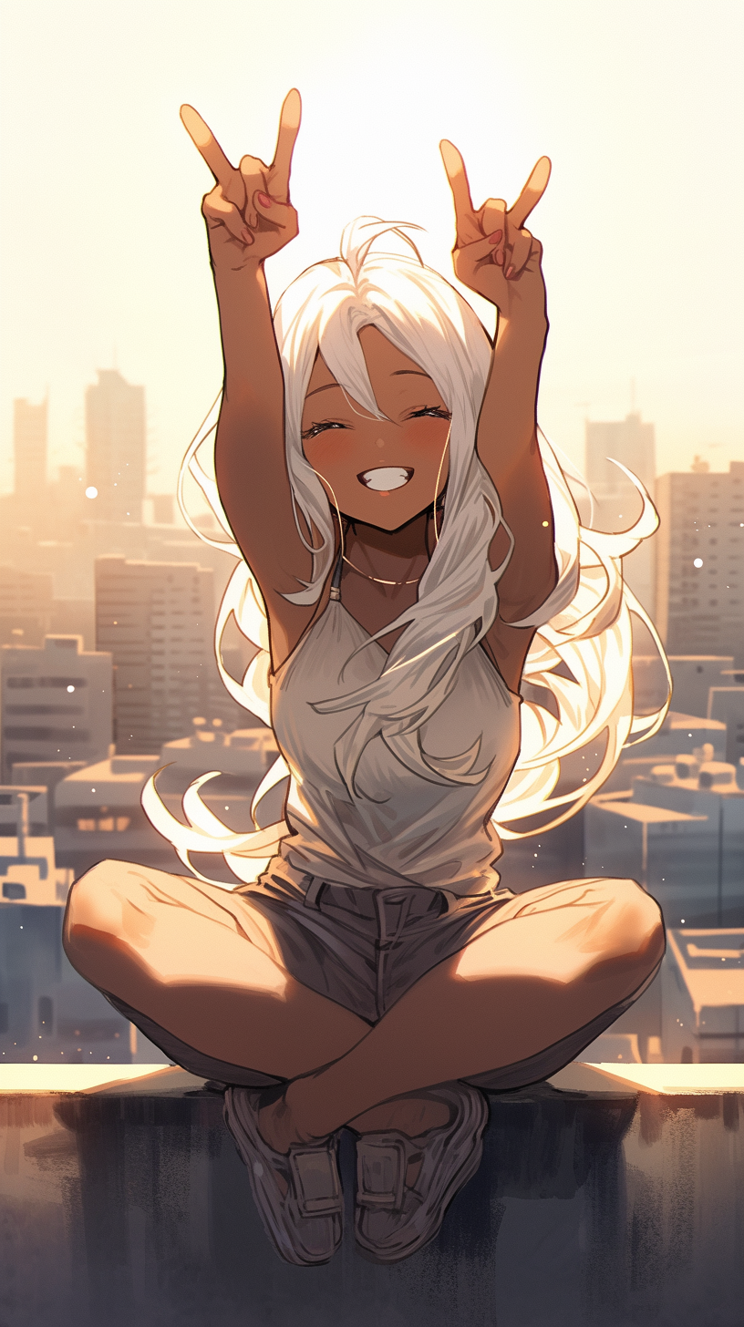 Anime girl with white hair and peace sign