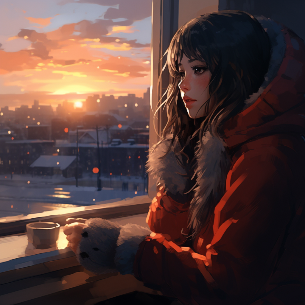 Anime character admiring winter sunrise through window