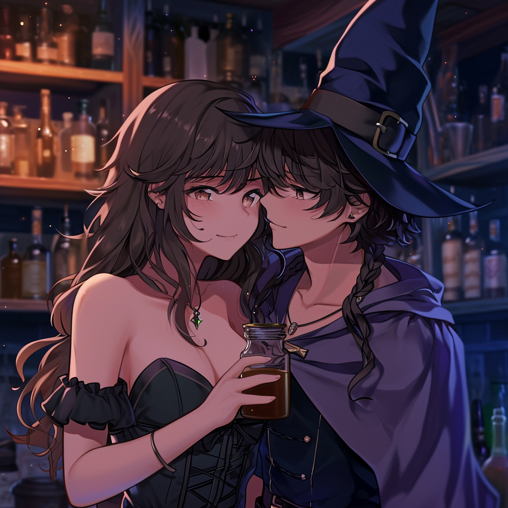 Cute anime witch girl and potion