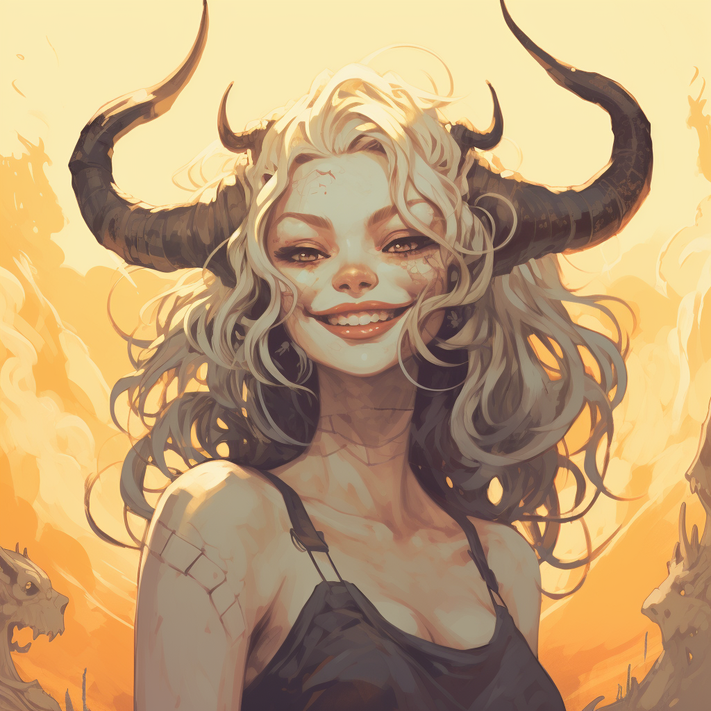 Happy anime woman with demon horns illustration