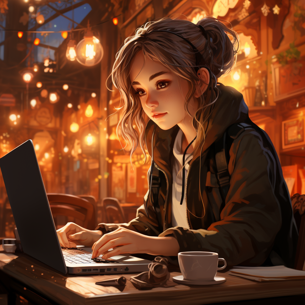 Young woman searching on laptop in cafe ?