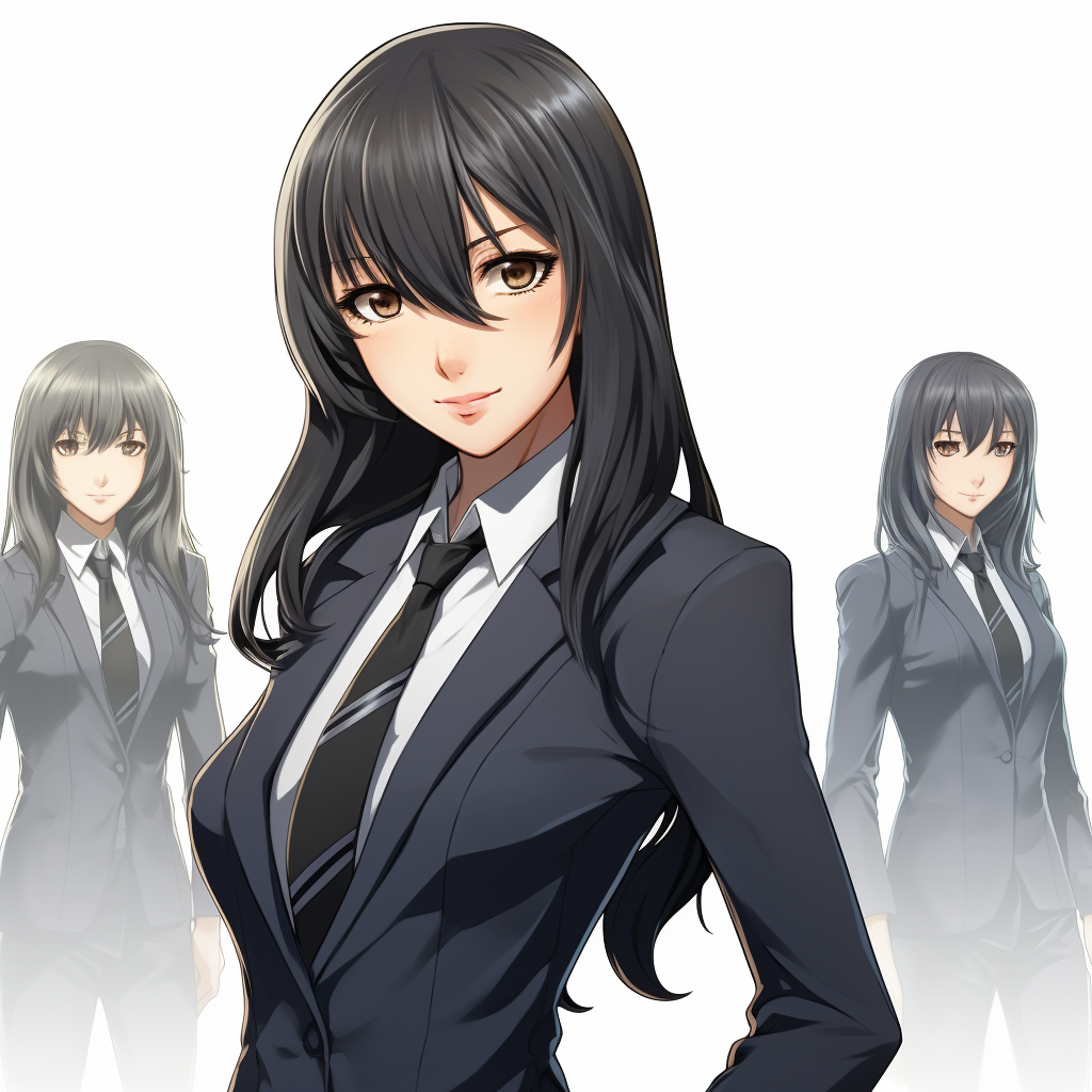 Anime woman office worker in black suit smiling