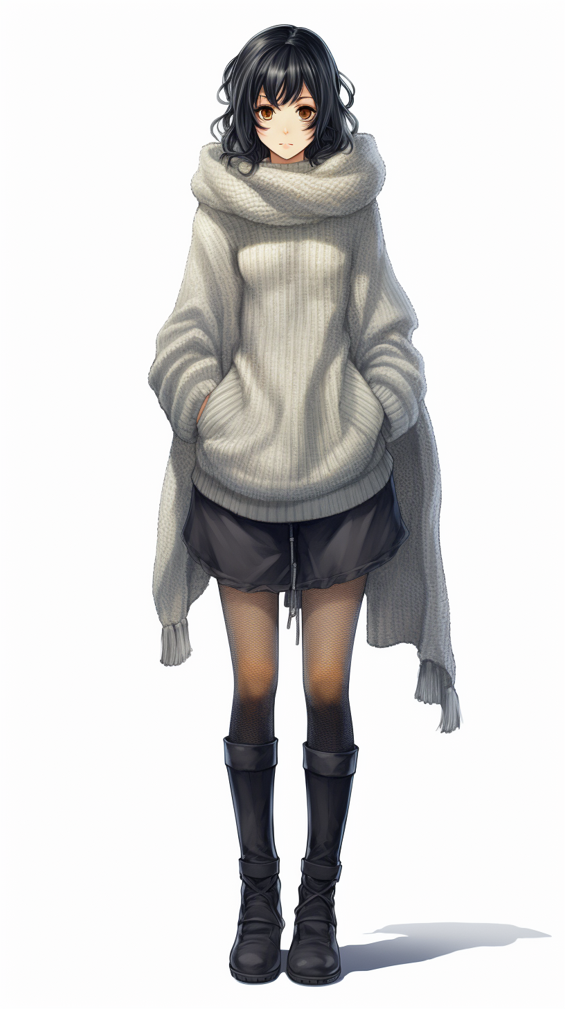 Beautiful anime woman smiling in knitted set