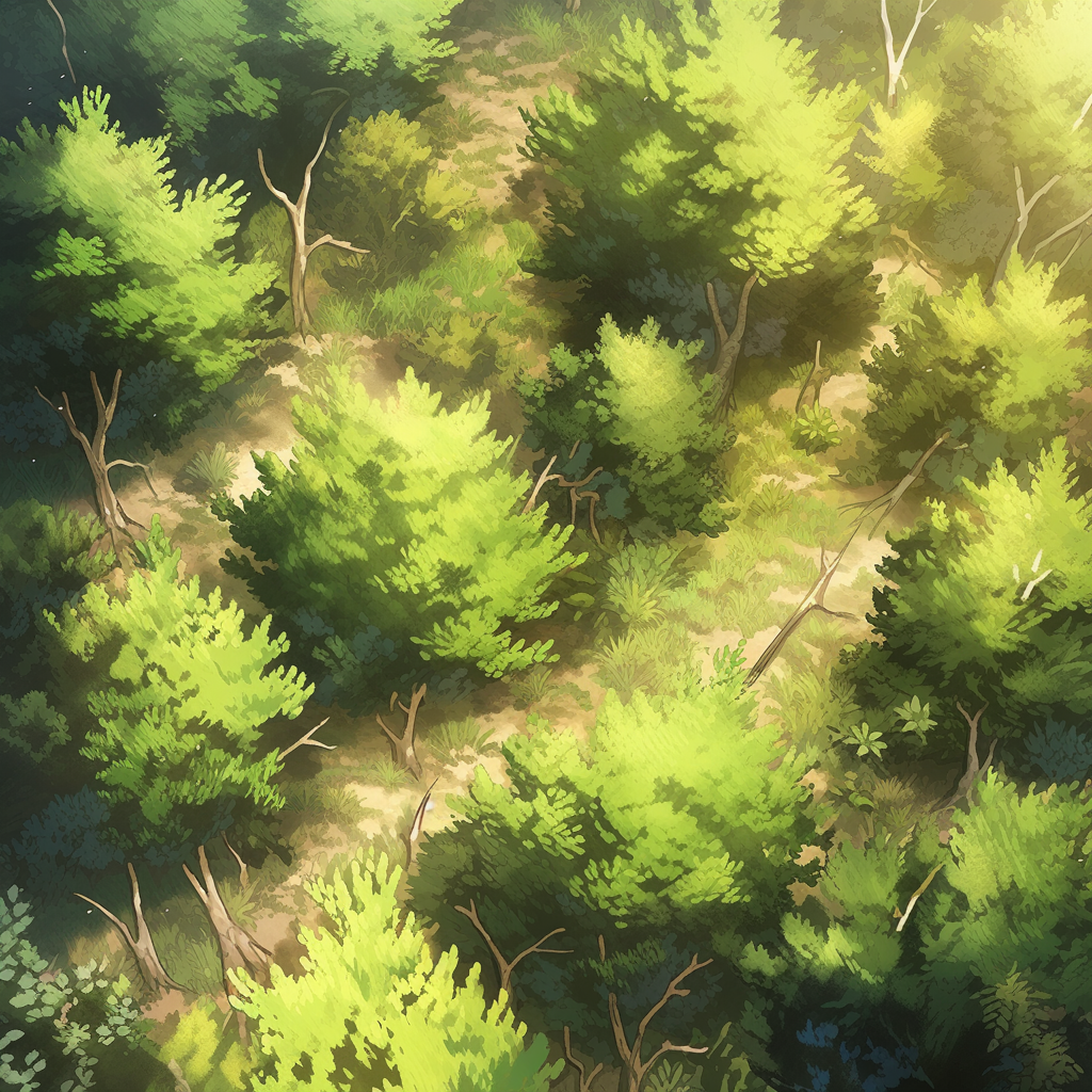 Aerial view of an anime-style forest with sunlight