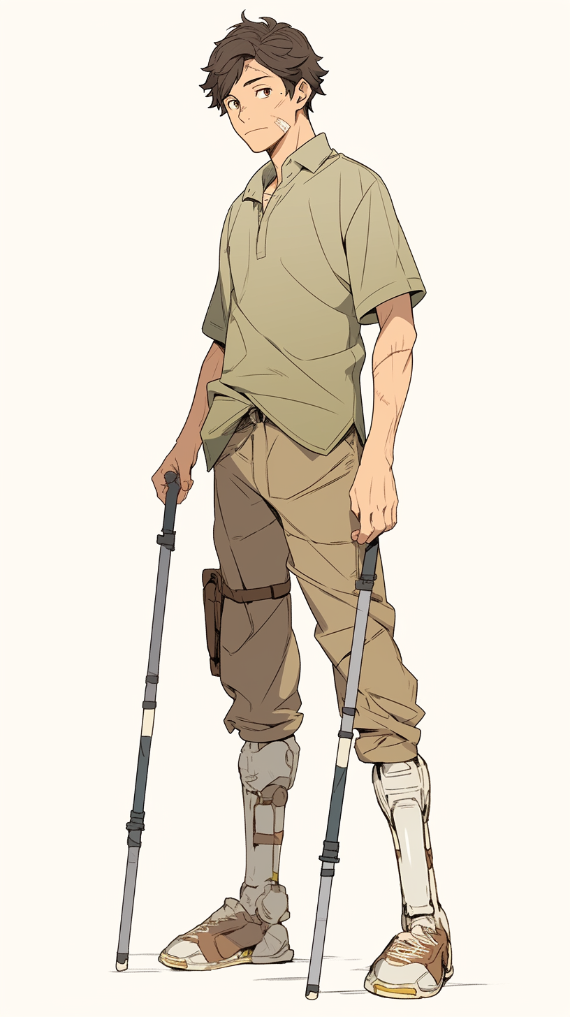 Smiling anime young man on crutches