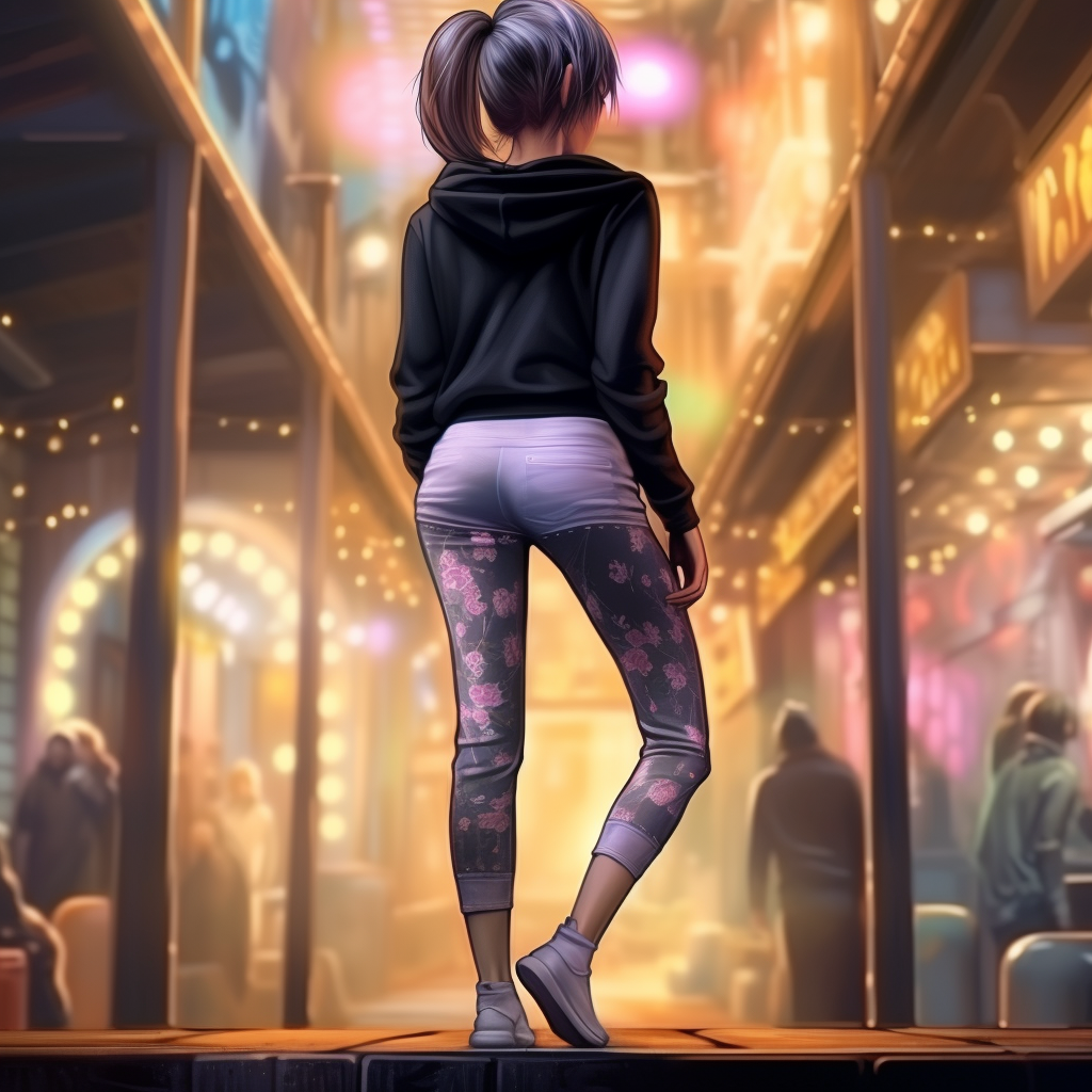 Young woman in leggings viewed from behind in soft light