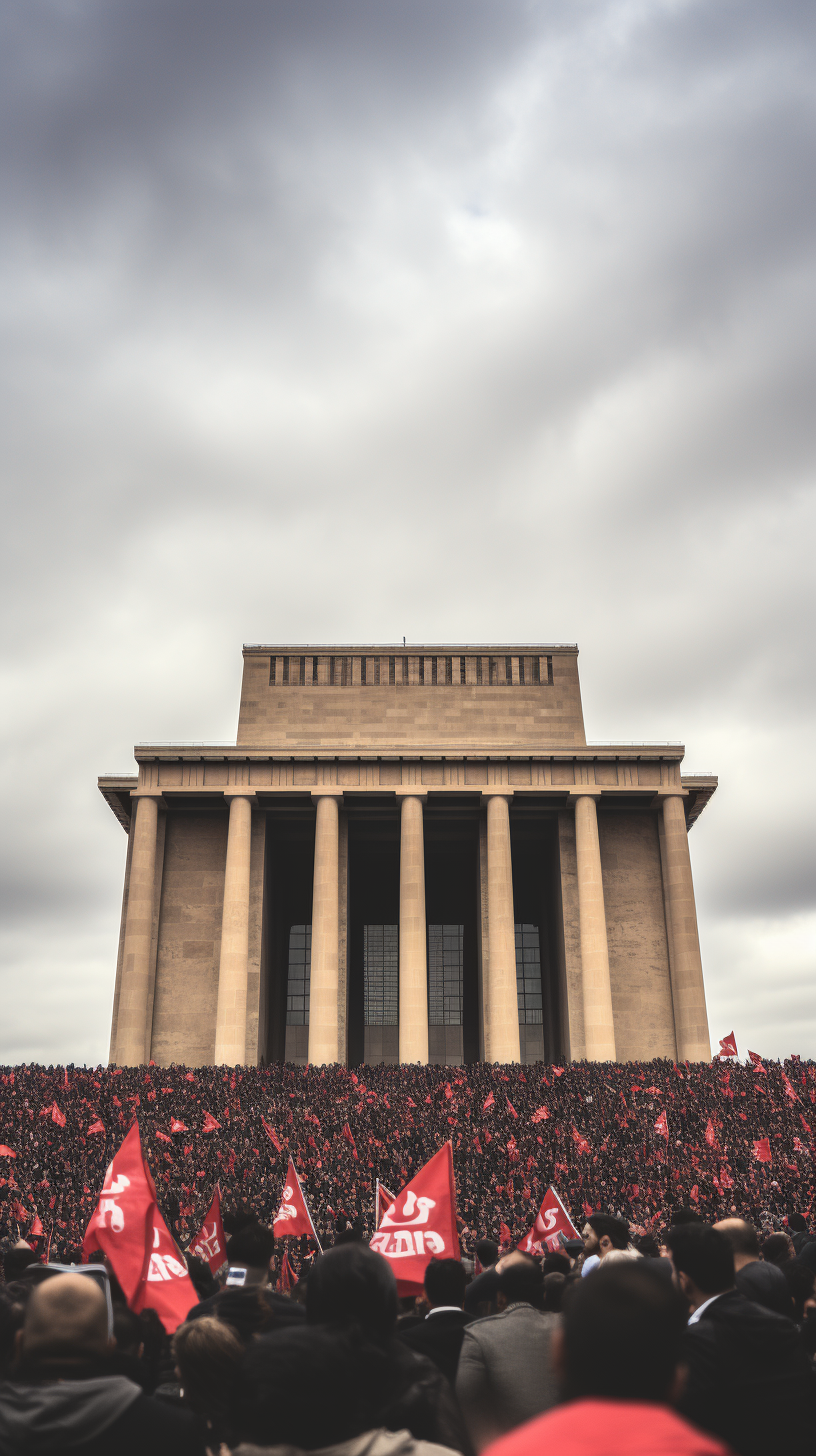 Crowd standing still, grayscale Anıtkabir flag