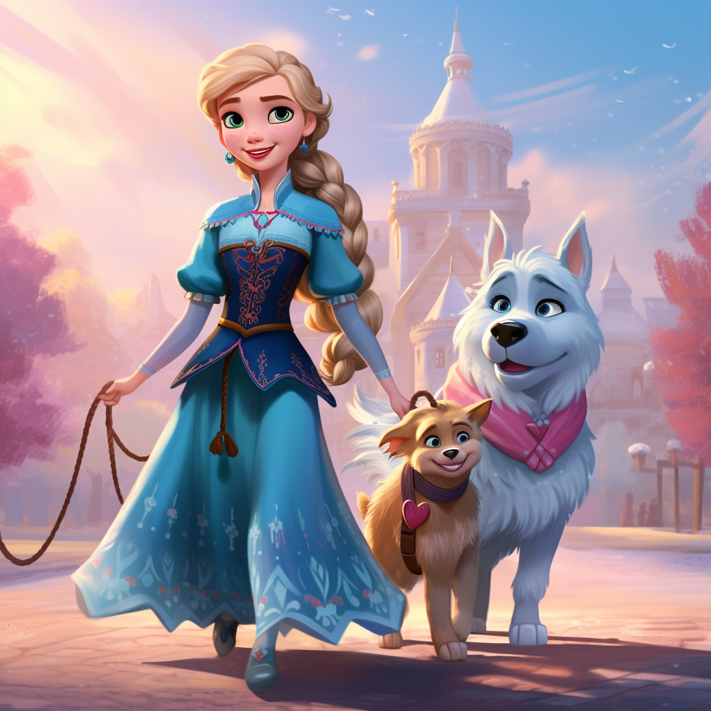 Anna and Elsa in princess costumes walking with dog