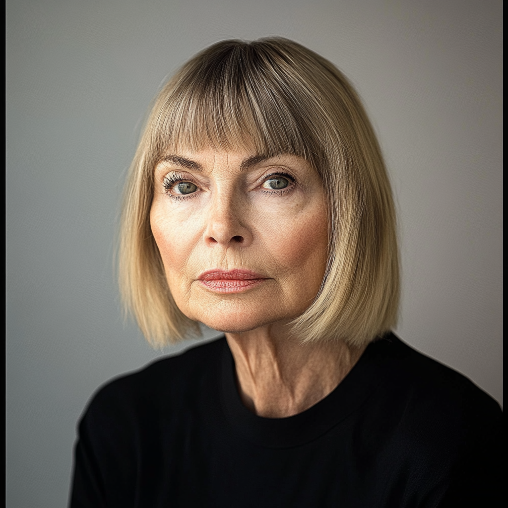 anna wintour in black shirt on white glass.