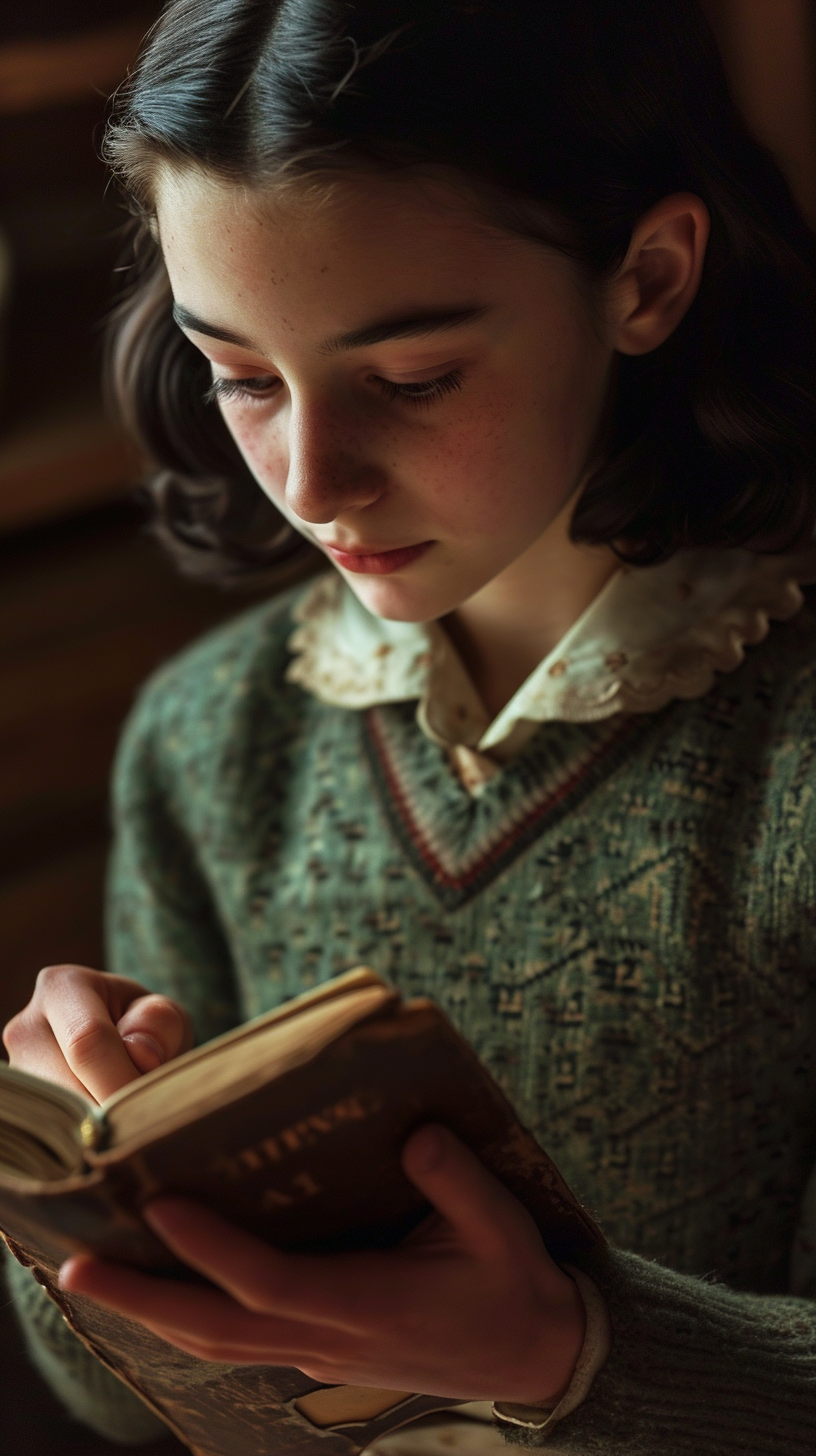 Anne Frank holding her diary on 13th birthday