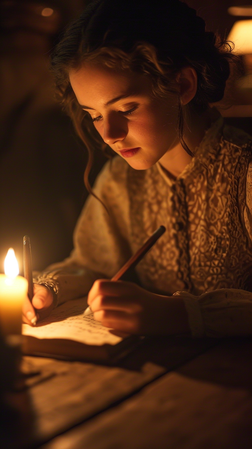 Anne Frank writing in her diary by candlelight