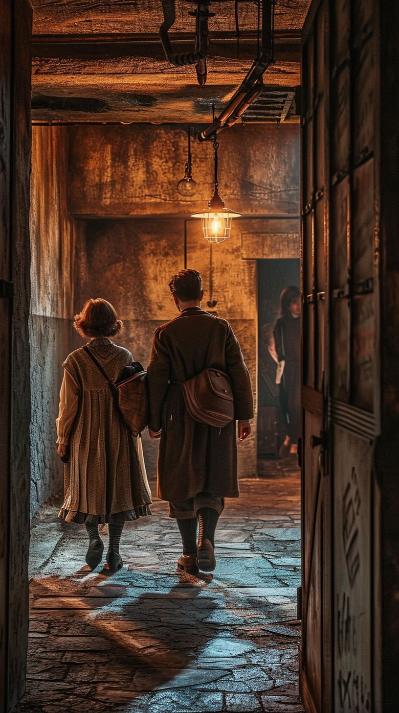 Anne Frank and family escaping soldiers in shelter building