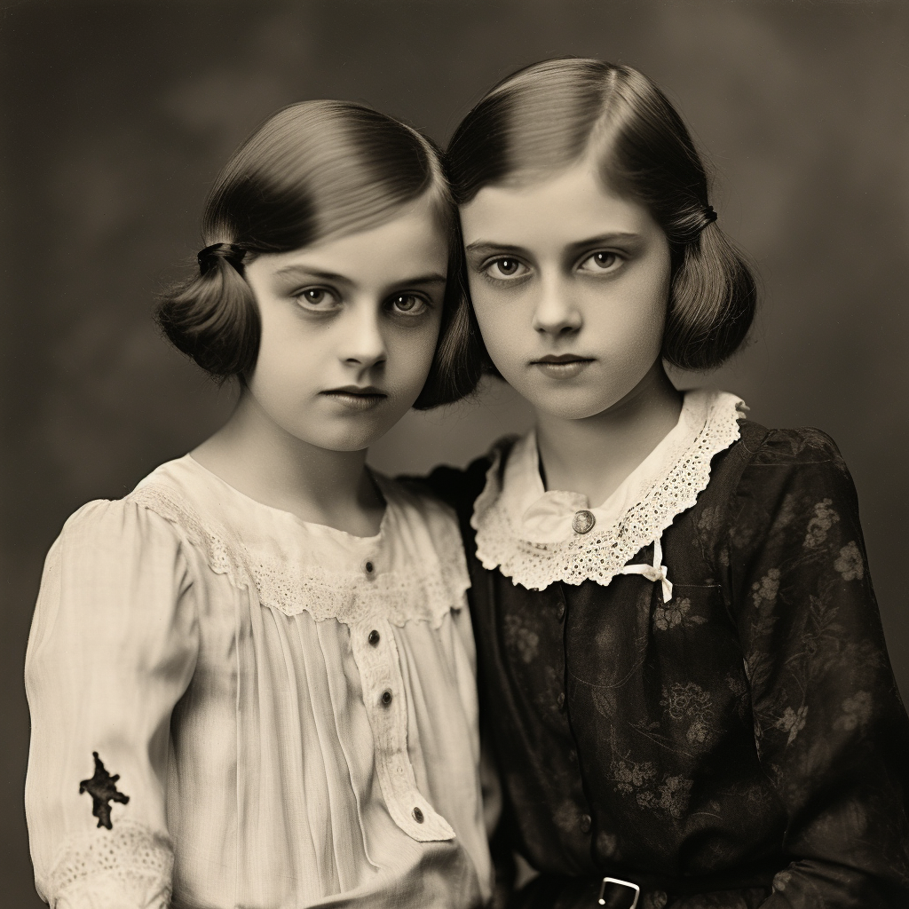 Studio photograph of grammar school-age sisters Anne & Maye