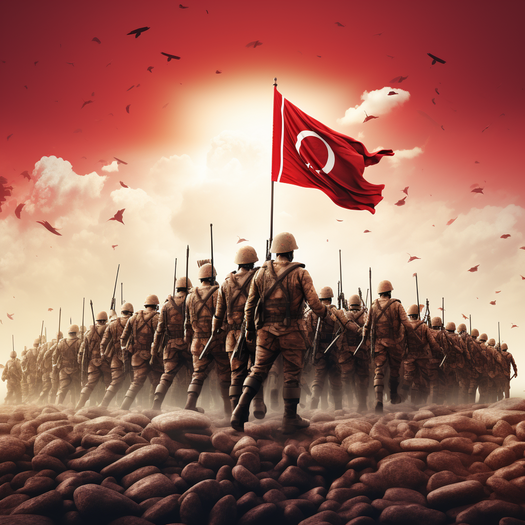 Turkish soldiers walking towards the horizon with pride